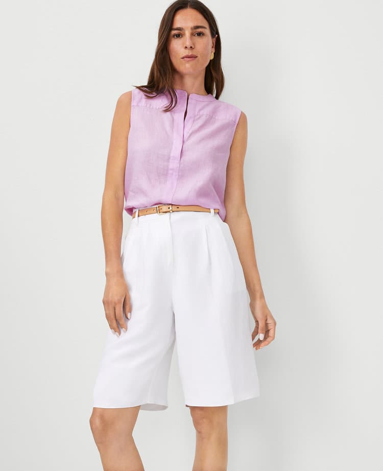 Petite Linen Split Neck Sleeveless Popover