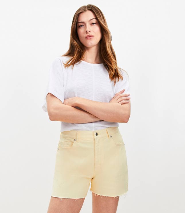 Fresh Cut High Rise Cut Off Denim Shorts in Lemon Brulee