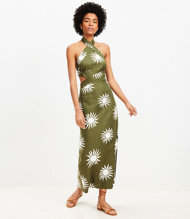 LOFT Beach Sunny Linen Cotton Cutout Midi Halter Dress