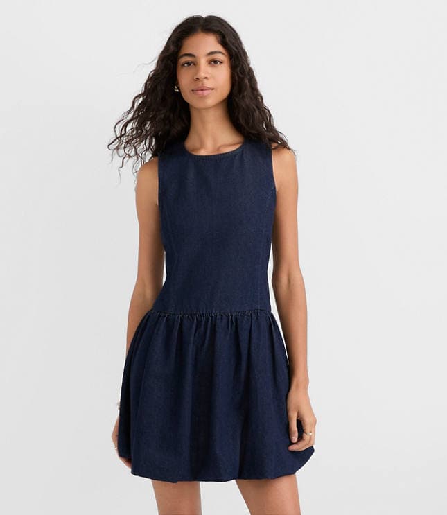 Petite Denim Bubble Mini Dress in Dark Wash