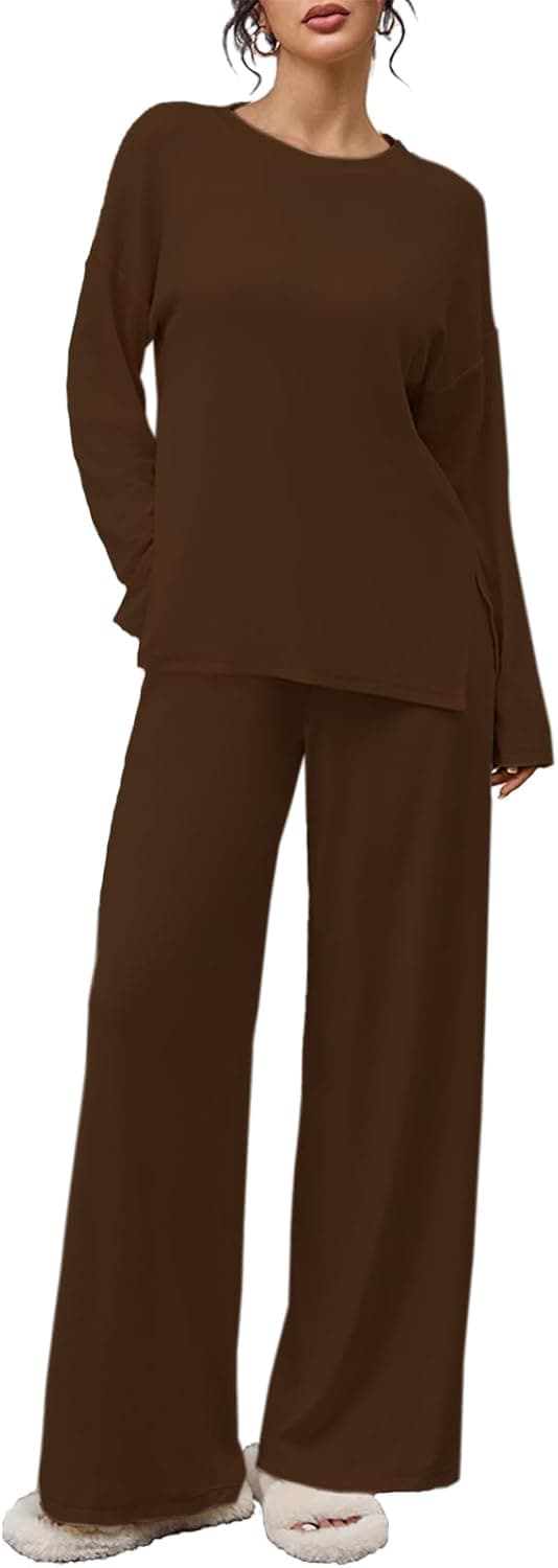 Womens 2 Piece Outfits Casual Loose Long Sleeve Pullover Tops & Wide Leg Pants Soft Basic Lounge Sets Tracksuit