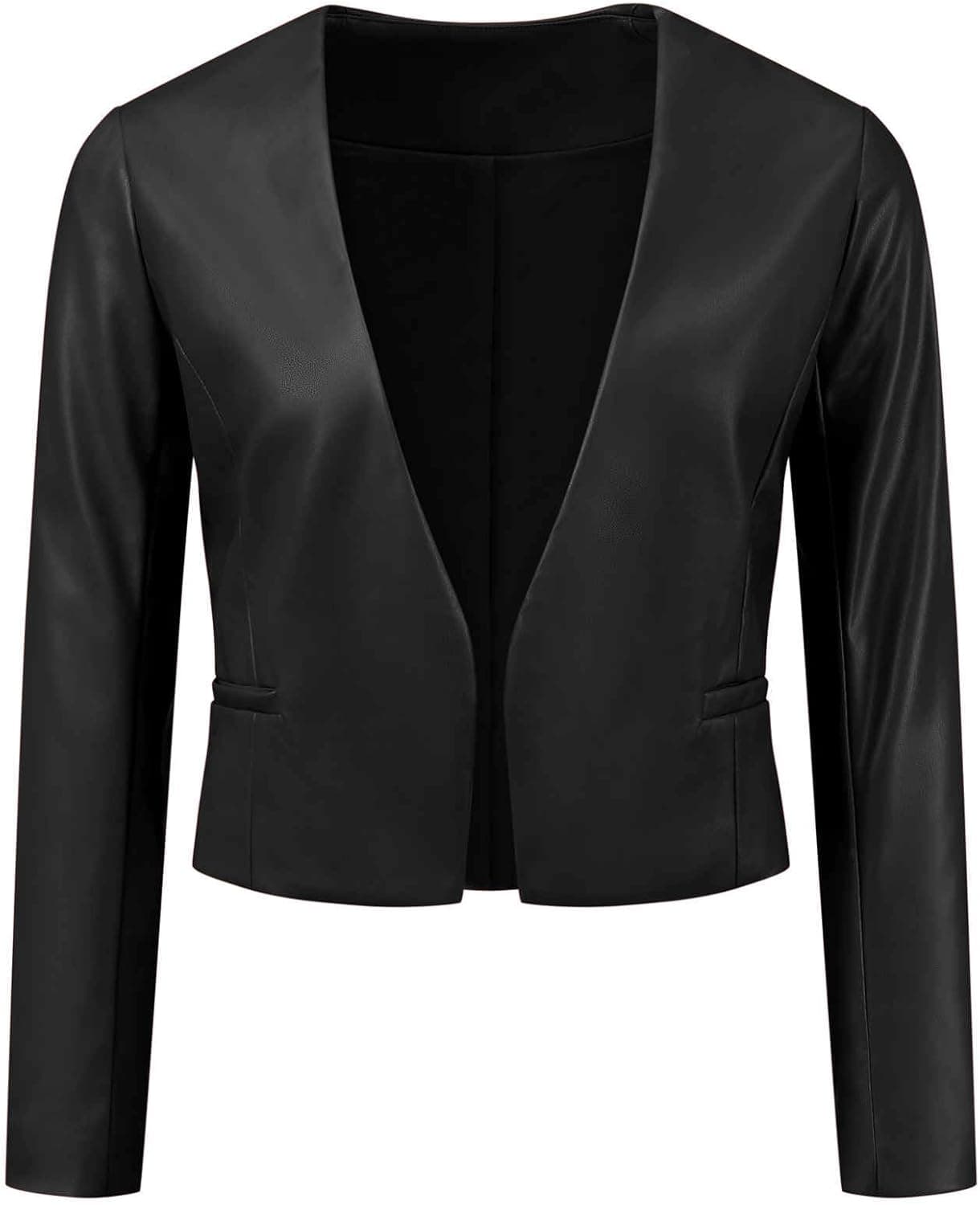 Faux Leather Jacket for Women's Collarless Open Front Crop PU Moto Biker Jackets