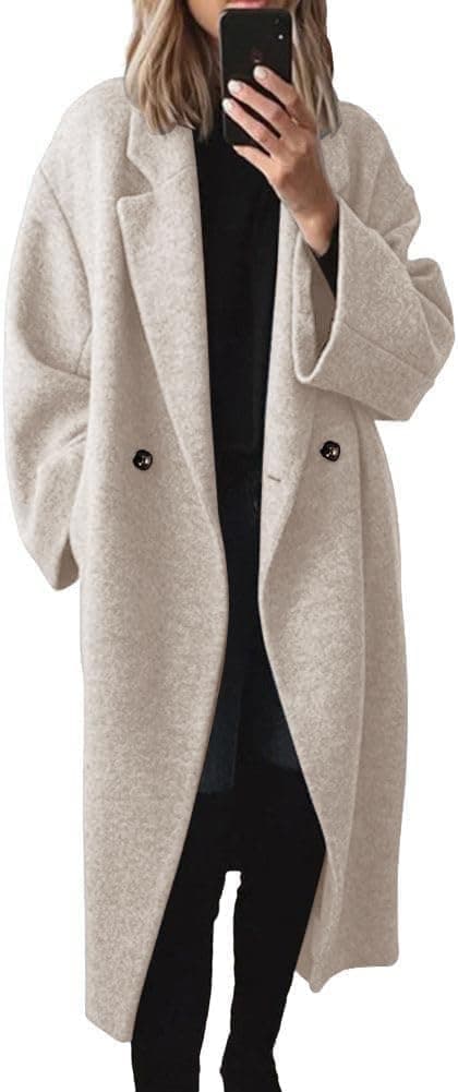 Womens Winter Pea Coat Notch Lapel Double Breasted Wool Blend Oversized Overcoat with Pockets