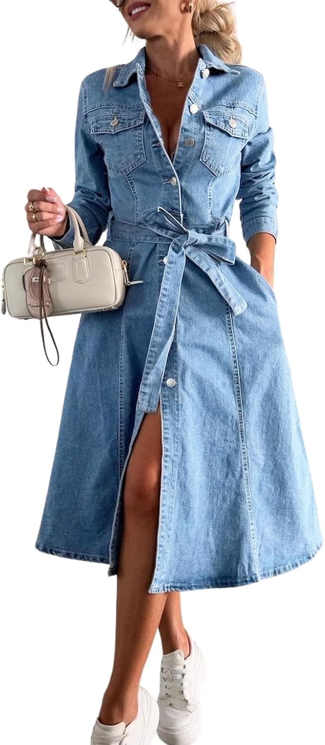 Women's 2025 Long Sleeve Belted Denim Shirt Dress A-Line Business Casual Midi Long Denim Coat