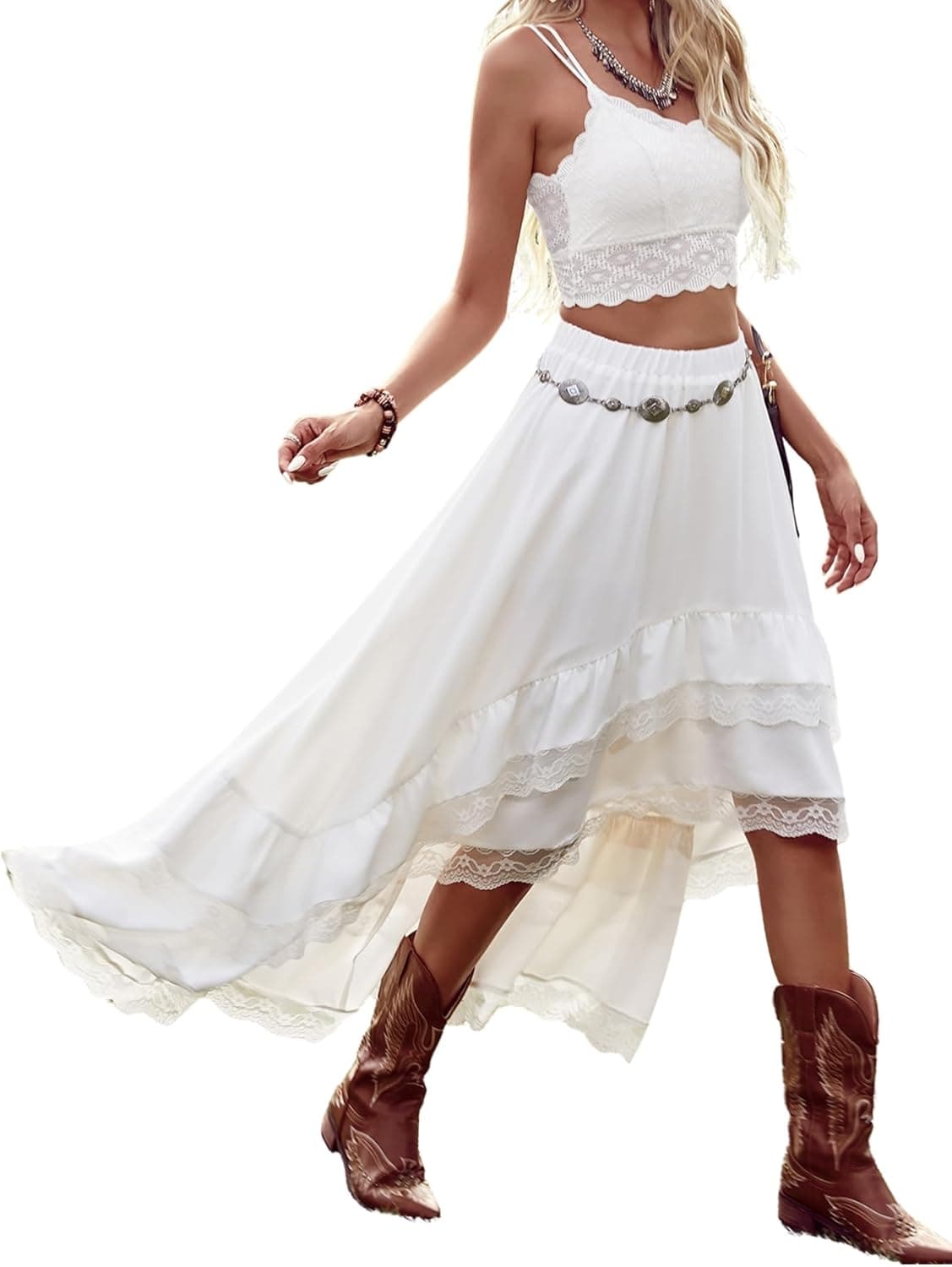 Women's Western Boho Lace Ruffle Skirt Asymmetrical Country Cowgirl Skirts