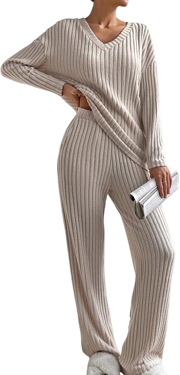 Women's Pajama Sets Long Sleeve Short Sleeve 2 Piece Lounge Sets Ribbed Knit Sweater Sleepwear