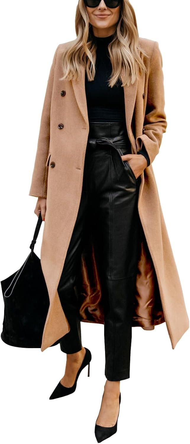 Womens Long Wool Coats Fall Winter Notch Lapel Dressy Trench Coat Peacoat Jackets