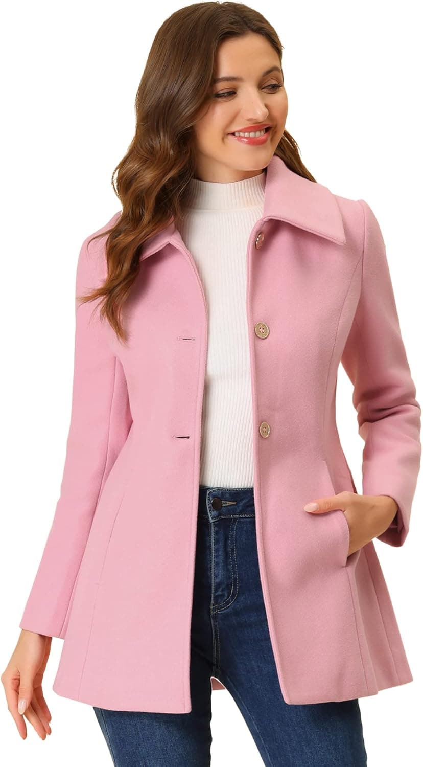 Women's Single Breasted Turndown Collar Overcoat Vintage Winter Dress Coat with Pockets