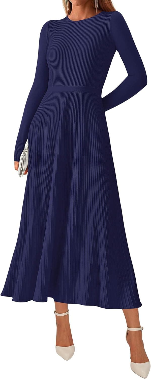 Women Sweater Dress Holiday Ribbed Knit Long Sleeve Slimming Maxi Dress Fall Pleated Elegant A Line Winter Dresses