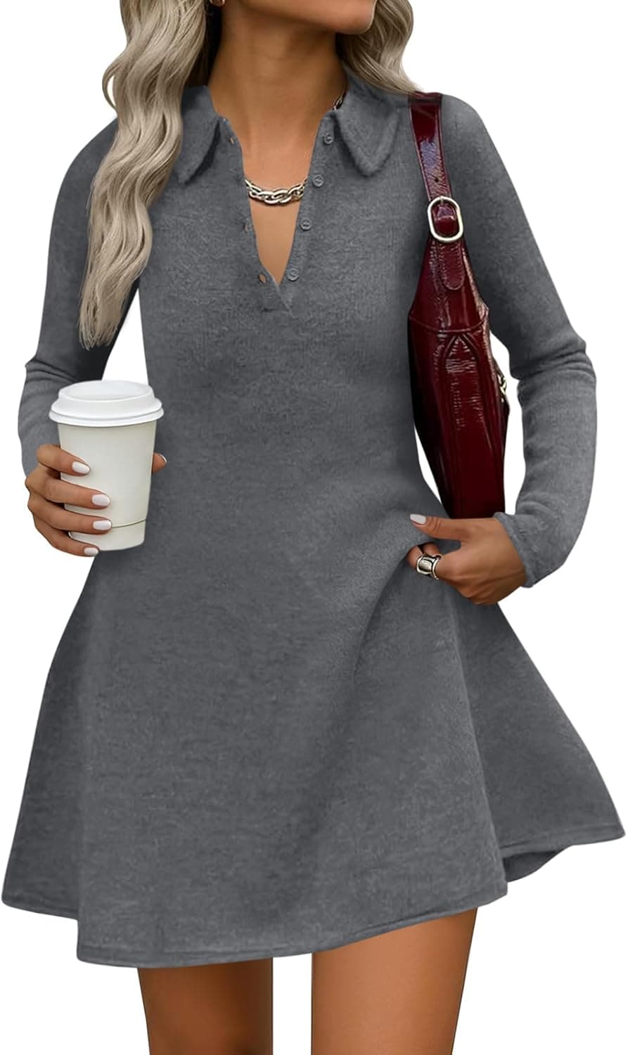 Womens Sweater Dress 2025 Fall Polo Collared Long Sleeve Button V Neck A line Preppy Knit Dresses