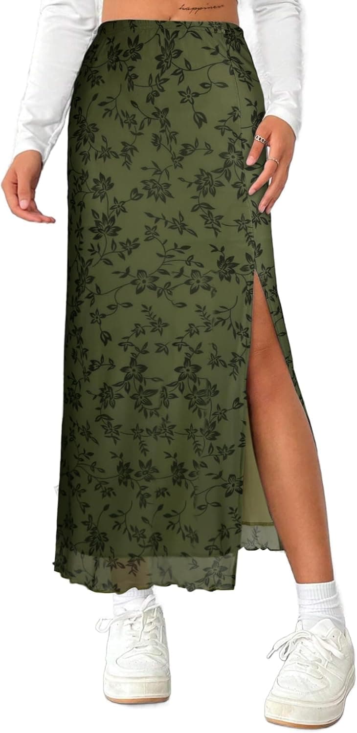 Women's Mesh Slit Split Long Skirts High Waisted Sexy Summer Maxi Skirts