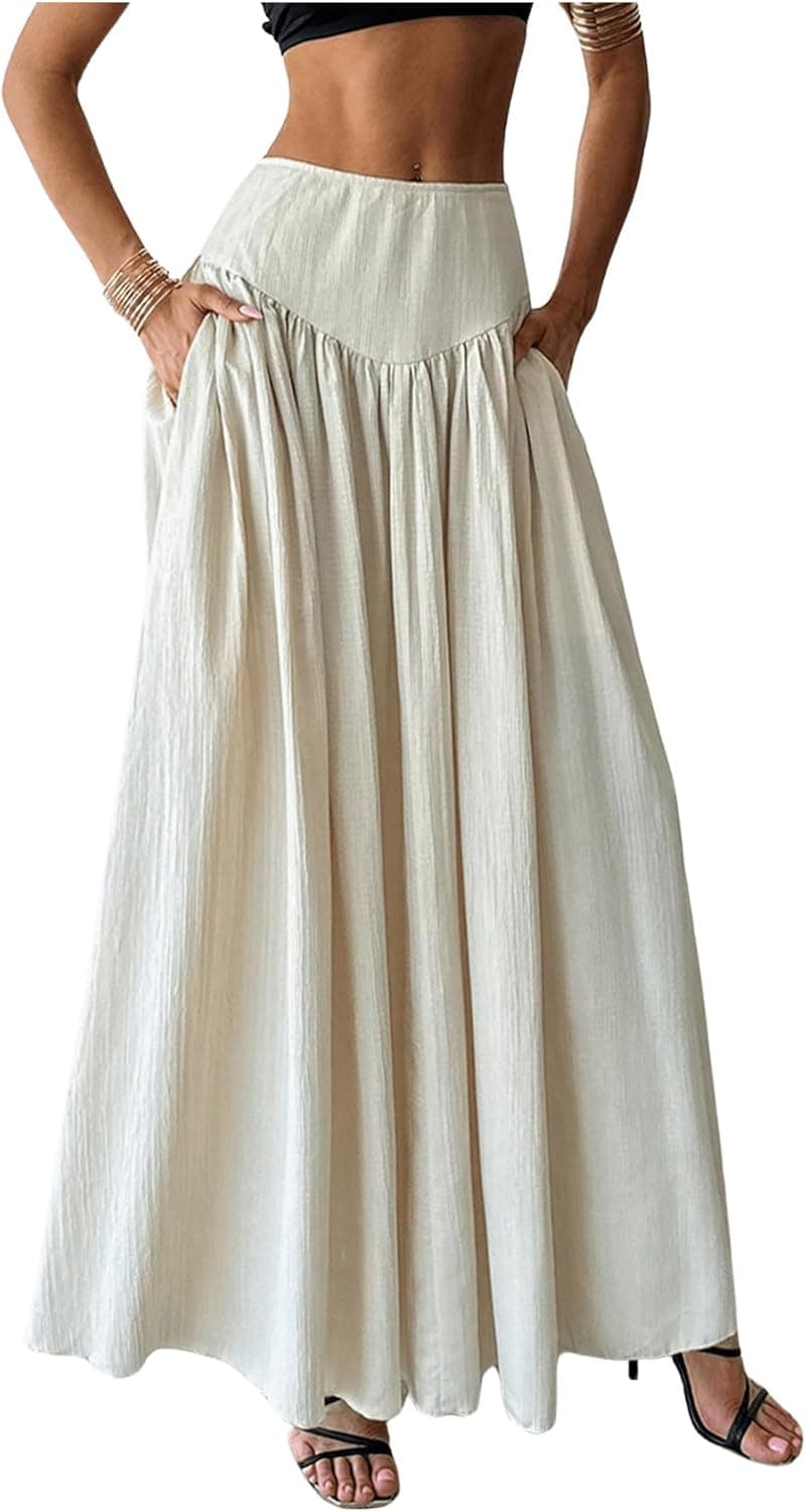 Women's Pleated Flowy Long Skirts High Waist Maxi Skirt with Pocket