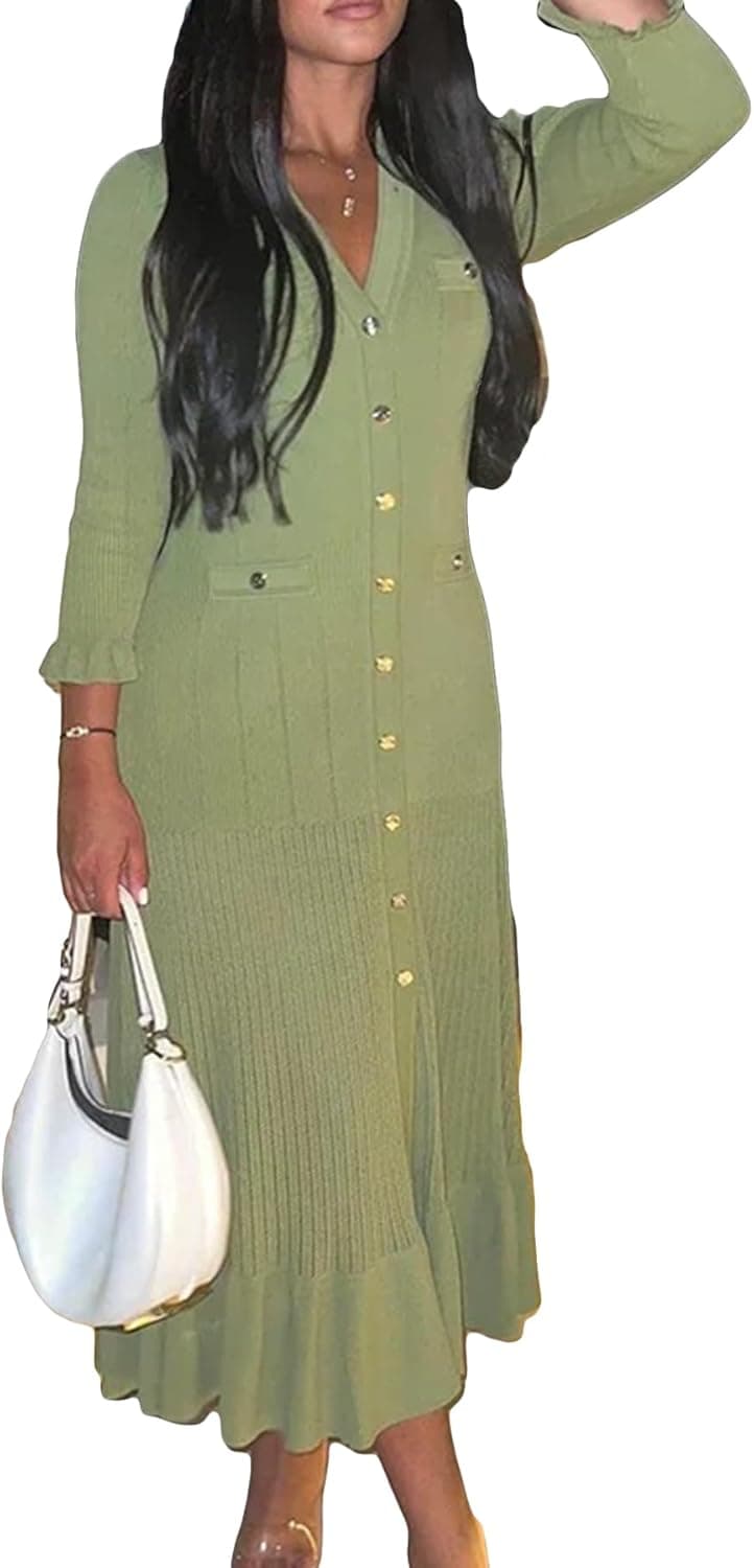 Sexy Long Sleeve Knit Sweater Dress, Winter Button V Neck Pleated Long Dresses for Women