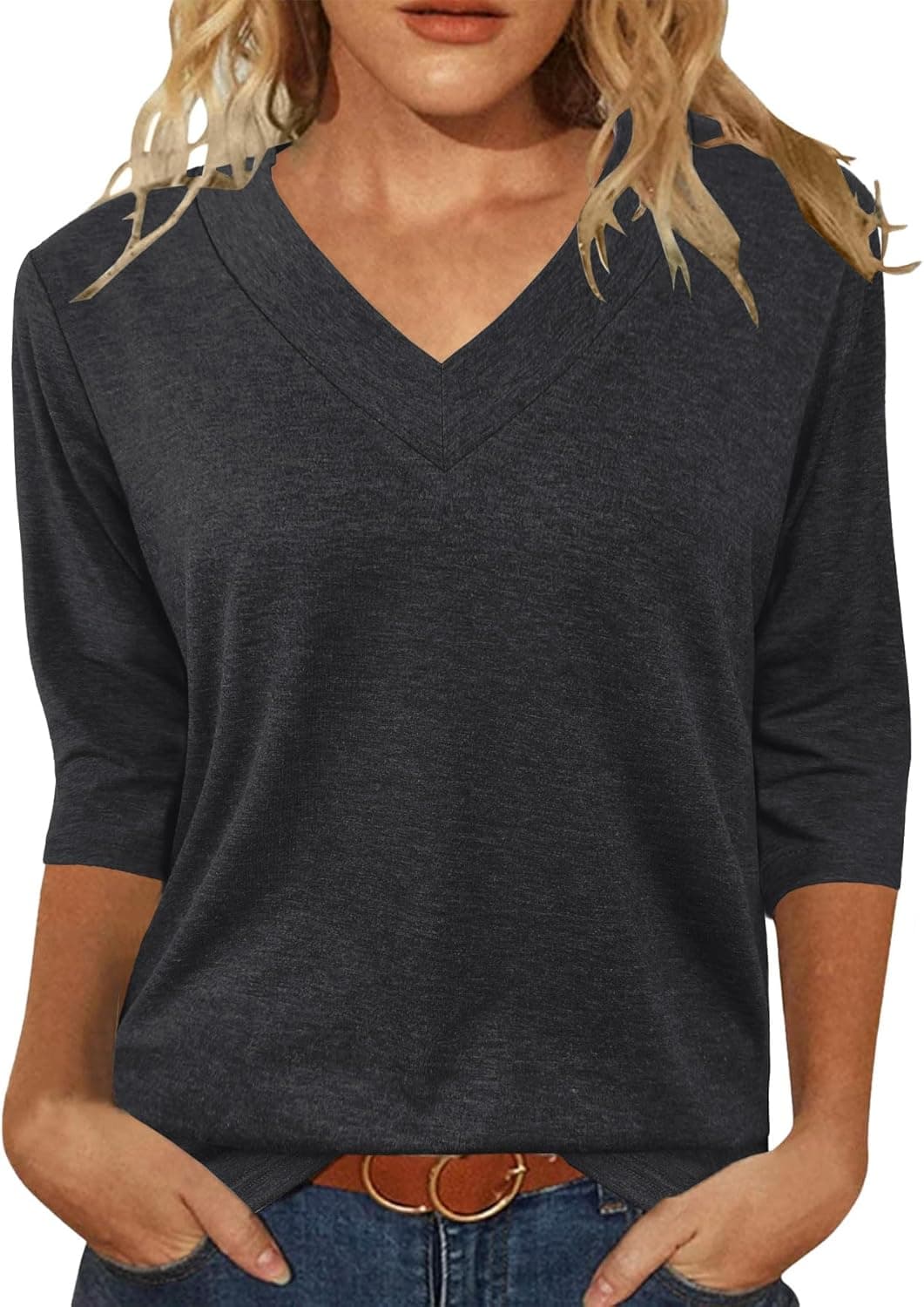 Womens Tops 3/4 Length Sleeve Summer V Neck Shirts Casual Tunic Tops 2025