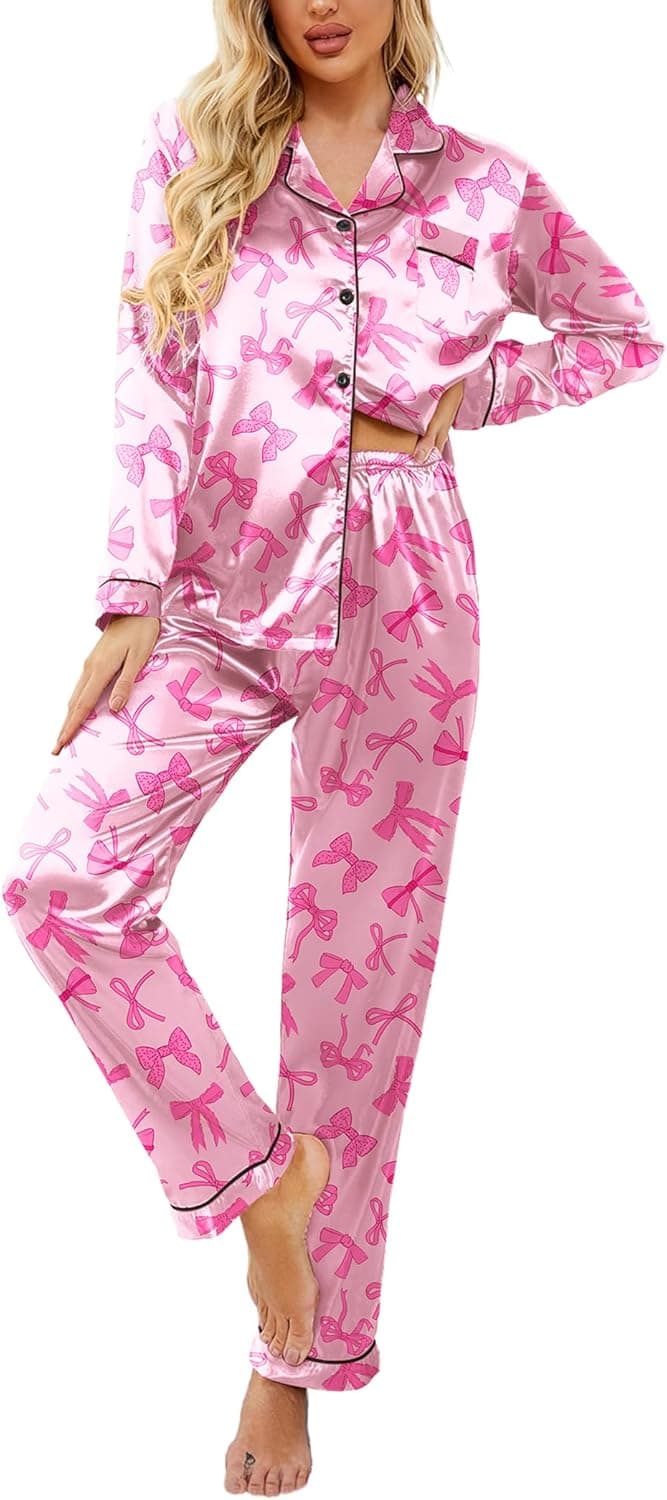 Womens Satin Pajama Set Classic Pattern Silky Pj Sets Button Down Sleepwear Loungewear