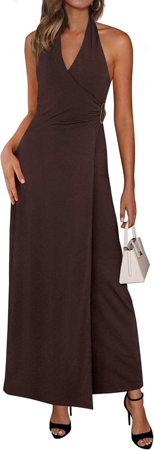 Halter Dresses for Women 2026 Elegant Classy Spring V Neck Tie Backless Summer Wedding Guest Cocktail Midi Dress