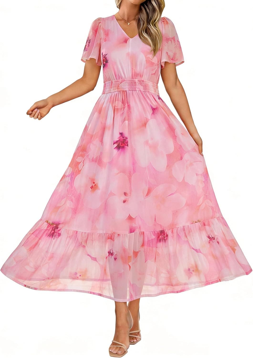 Womens Summer Floral Maxi Dress Boho Wedding Guest Long Dress Short Sleeve V Neck Vacation Flowy Dresses 2026