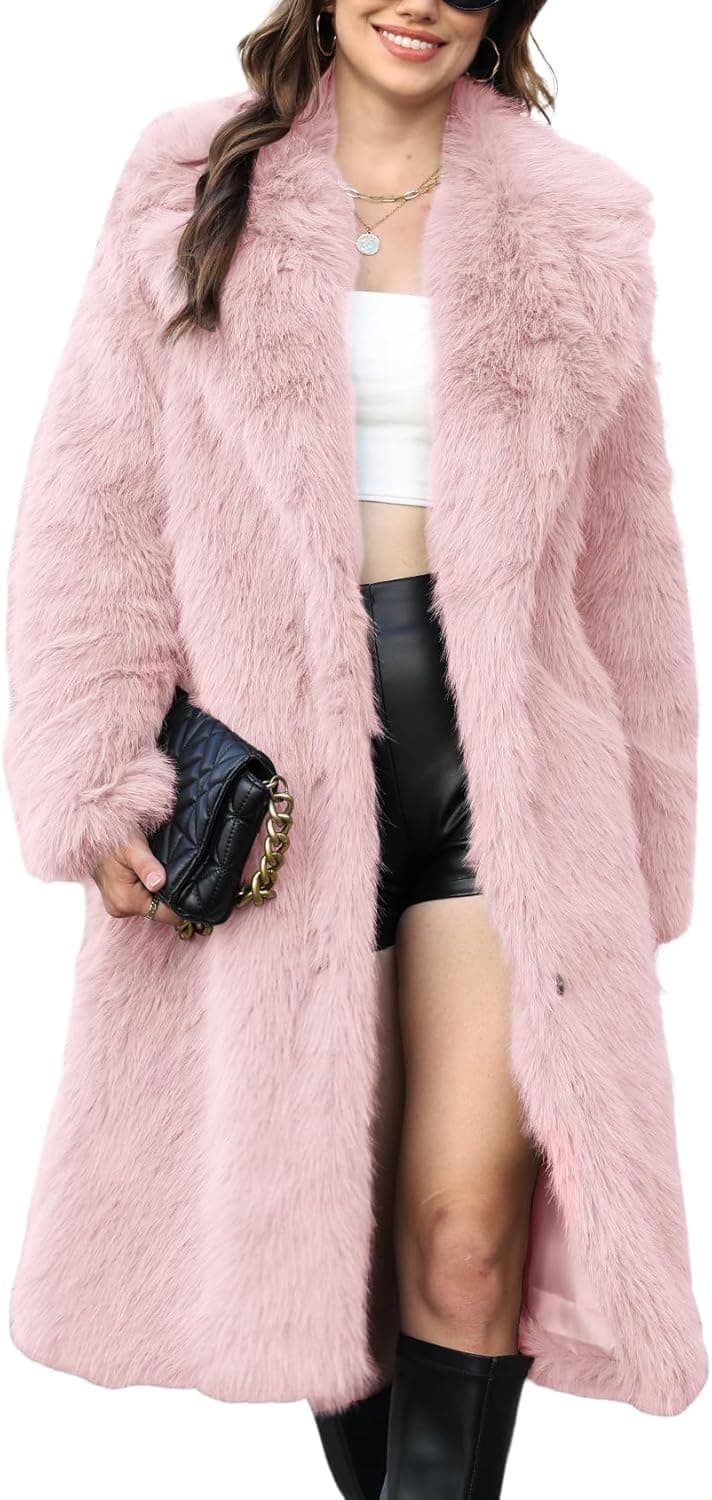 Women' s Faux Fur Coat Lapel Collar Long Sleeve Furry Jacket Long Shaggy Jackets Open Front Warm Outerwear
