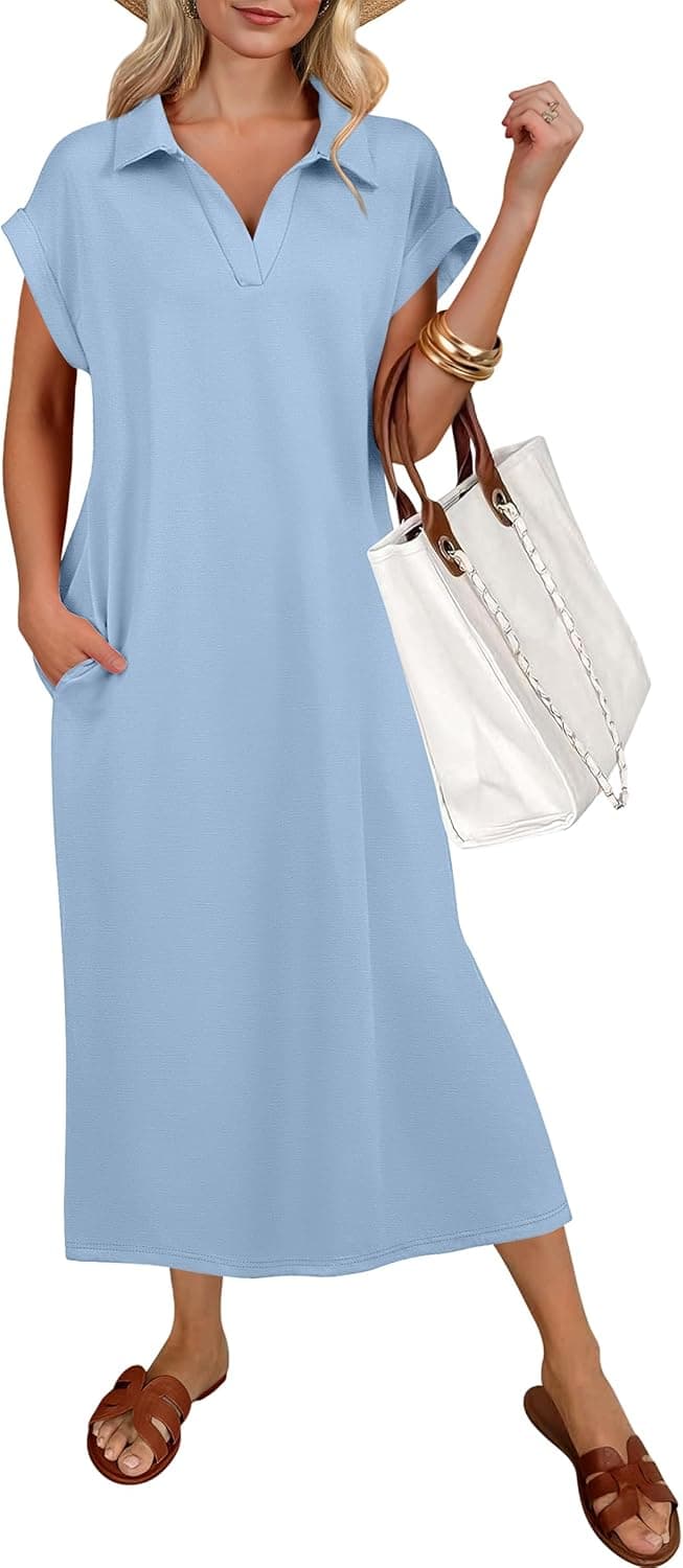 Womens Summer Casual Midi Dresses Short Sleeve Polo V Neck Loose Split Wrinkle-Free Beach Vacation Tshirt Maxi Dress