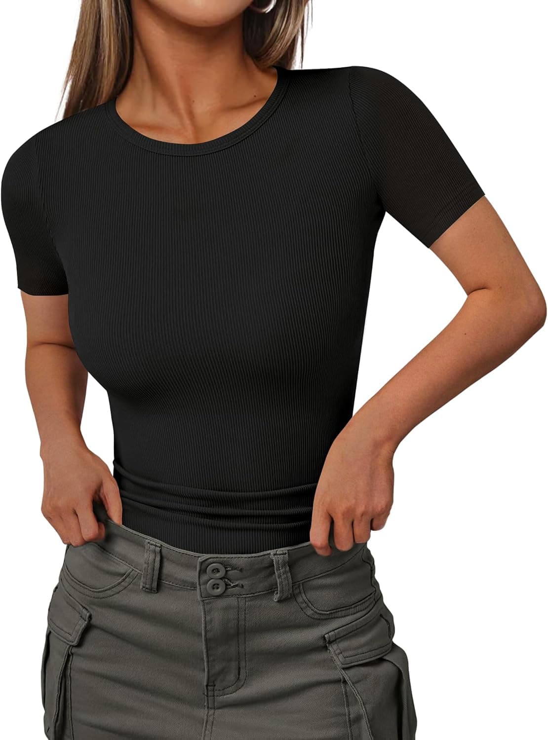 Women Short Sleeve Shirts Lightweight Thermal Tops Ribbed Knitted Outfit Tees Soft Crew Neck Undershirt Basic Clothes
