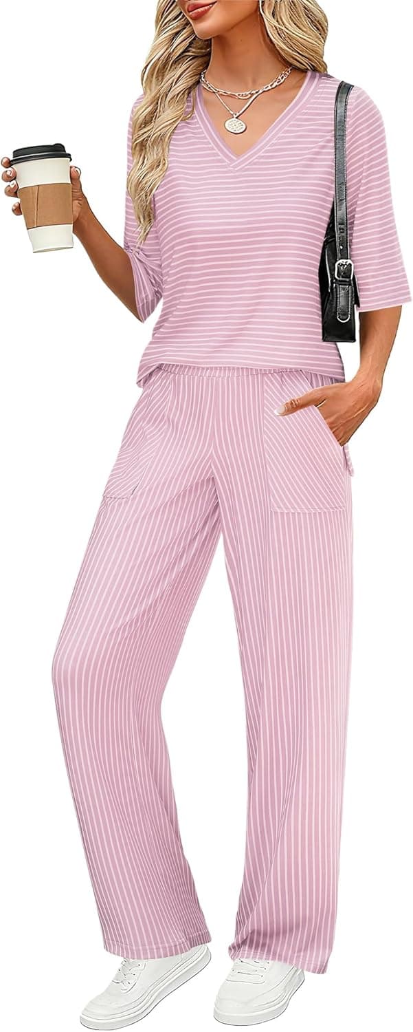 Women's 2 Piece Lounge Pajama Sets Soft 3/4 Sleeve Tops and Wide Leg Pants Loose Casual Outfits with Pockets