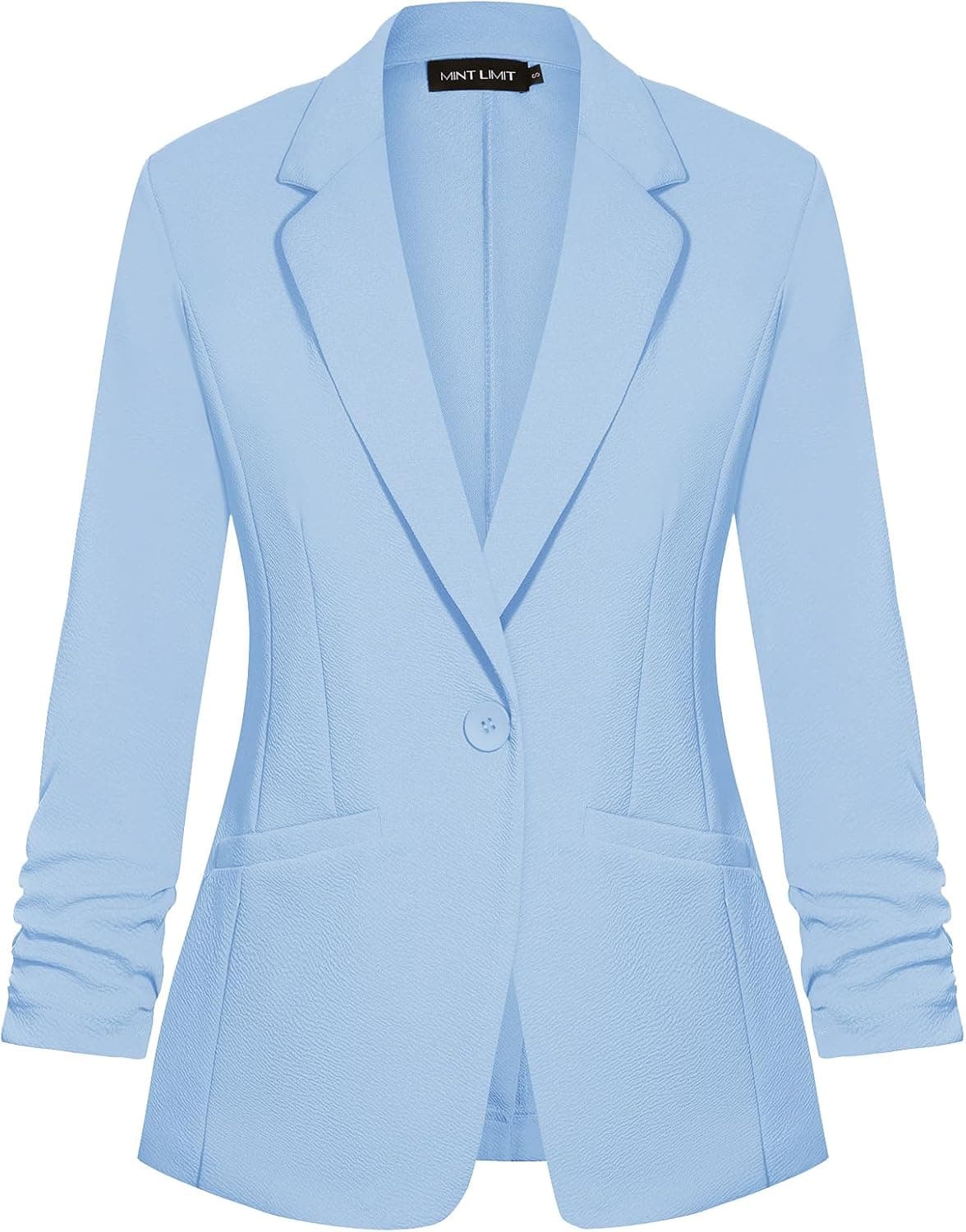 Women's Casual Blazer 3/4 Ruched Sleeve Open Front Button Work Office Blazer Jackets with Pockets