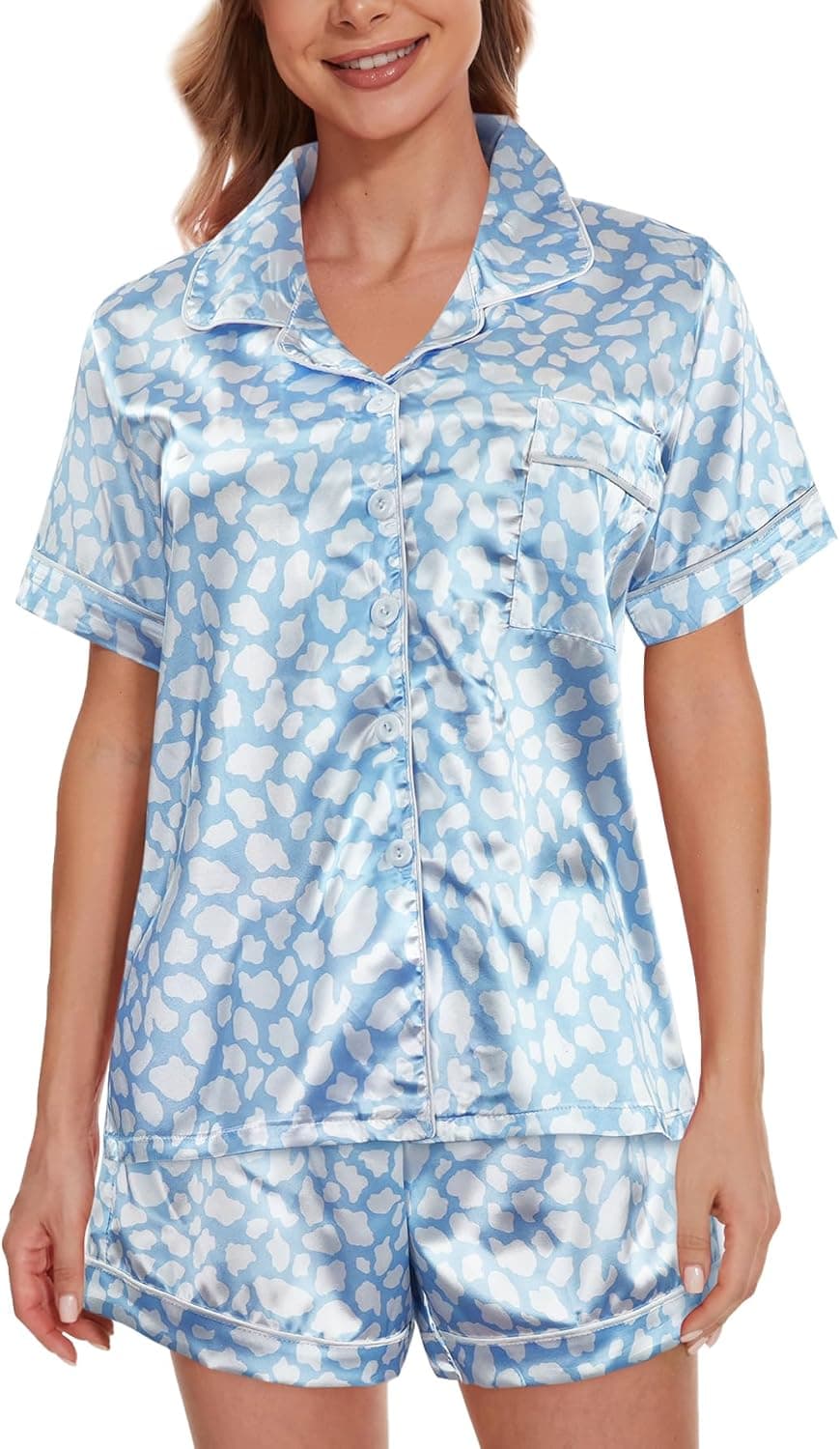 Womens Silk Satin Pajamas Set Short Sleeve Sleepwear Soft Button Down Loungewear Two-piece Pjs Sets XS-XXL