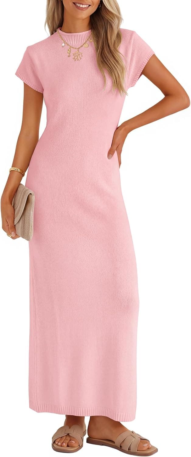 Womens Spring Casual Bodycon Maxi Dress 2026 Summer Business Casual Short Sleeve Crewneck Knit Slit Vacation Dresses