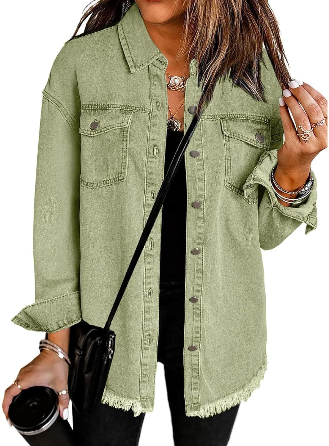 Women's Oversized Button Up Frayed Hem Shacket Long Sleeve Pockets Denim Jean Jacket
