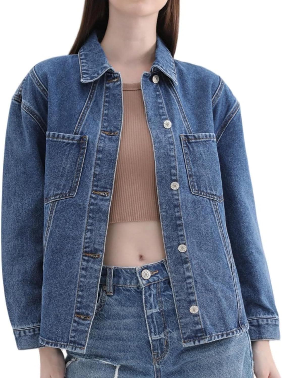 Womens Denim Jacket Casual Long Sleeve Button Down Jean Jacket Coat With Pockets