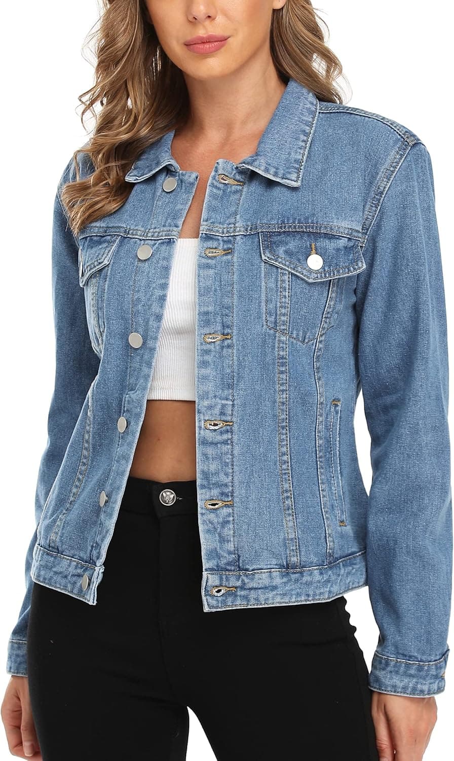 Women's Denim Jacket Button Up Long Sleeve Basic Trendy Jean Jacket Coat with Pockets
