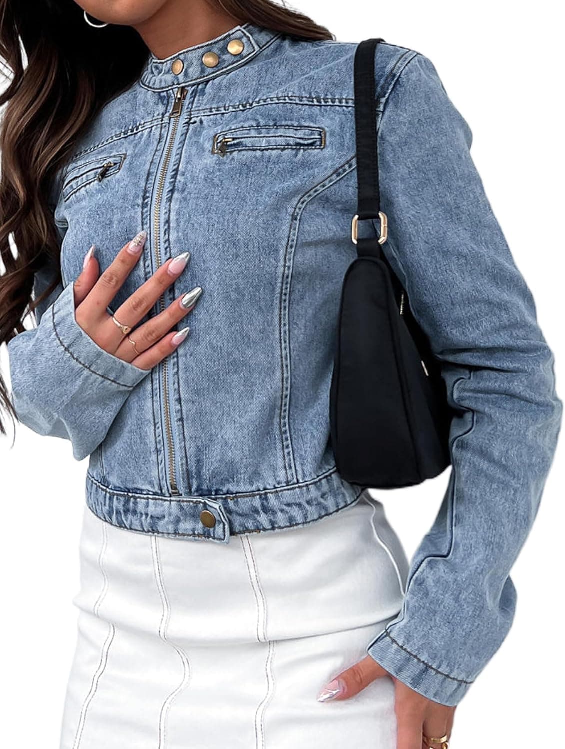 Women's Stretchy Cropped Jean Jacket Zip Front Motorcycle Short Light Wash Denim Jacket