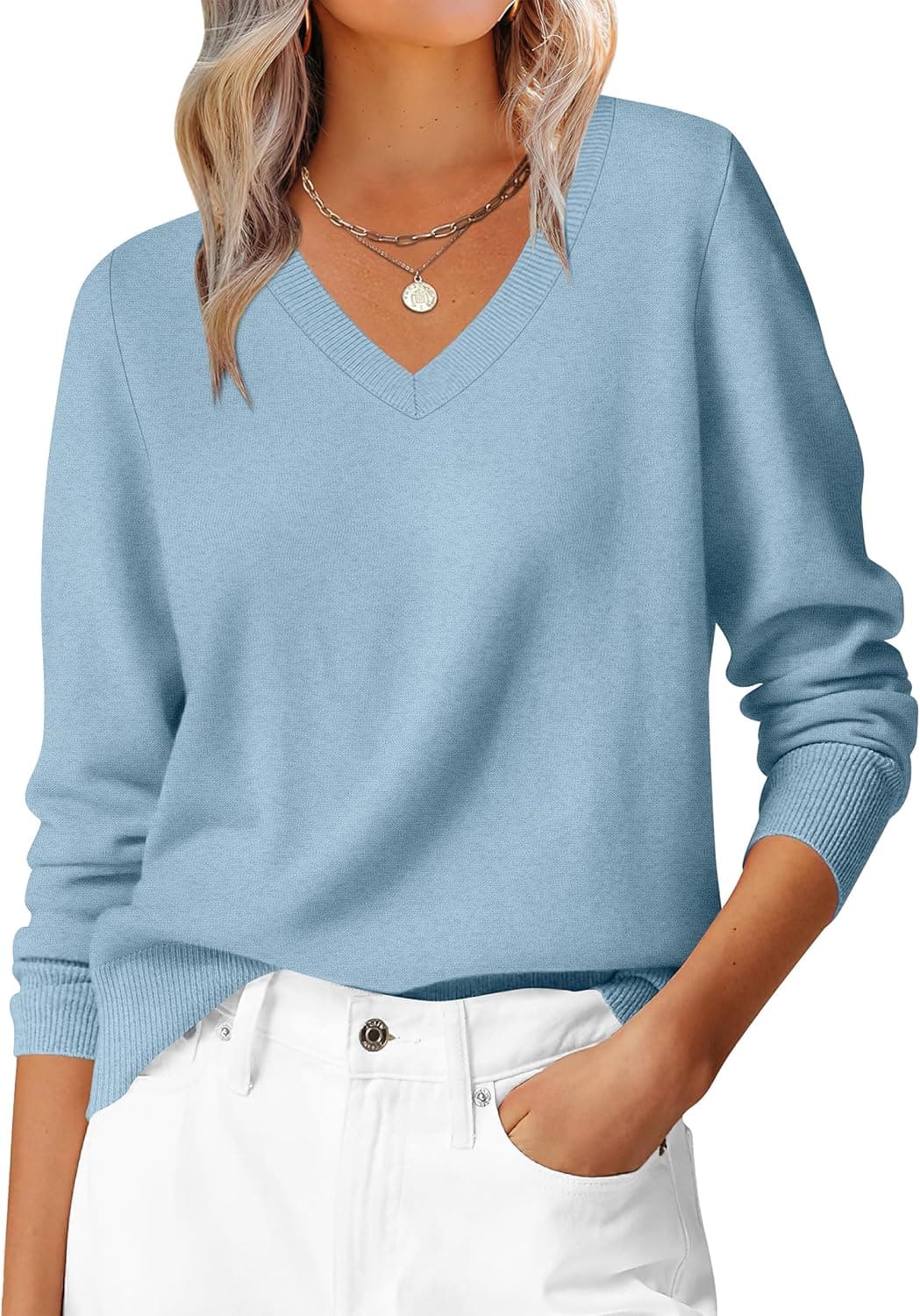 Womens Long Sleeve V Neck Sweaters 2025 Fall Casual Classic Soft Loose Fit Basic Pullover Jumper Top