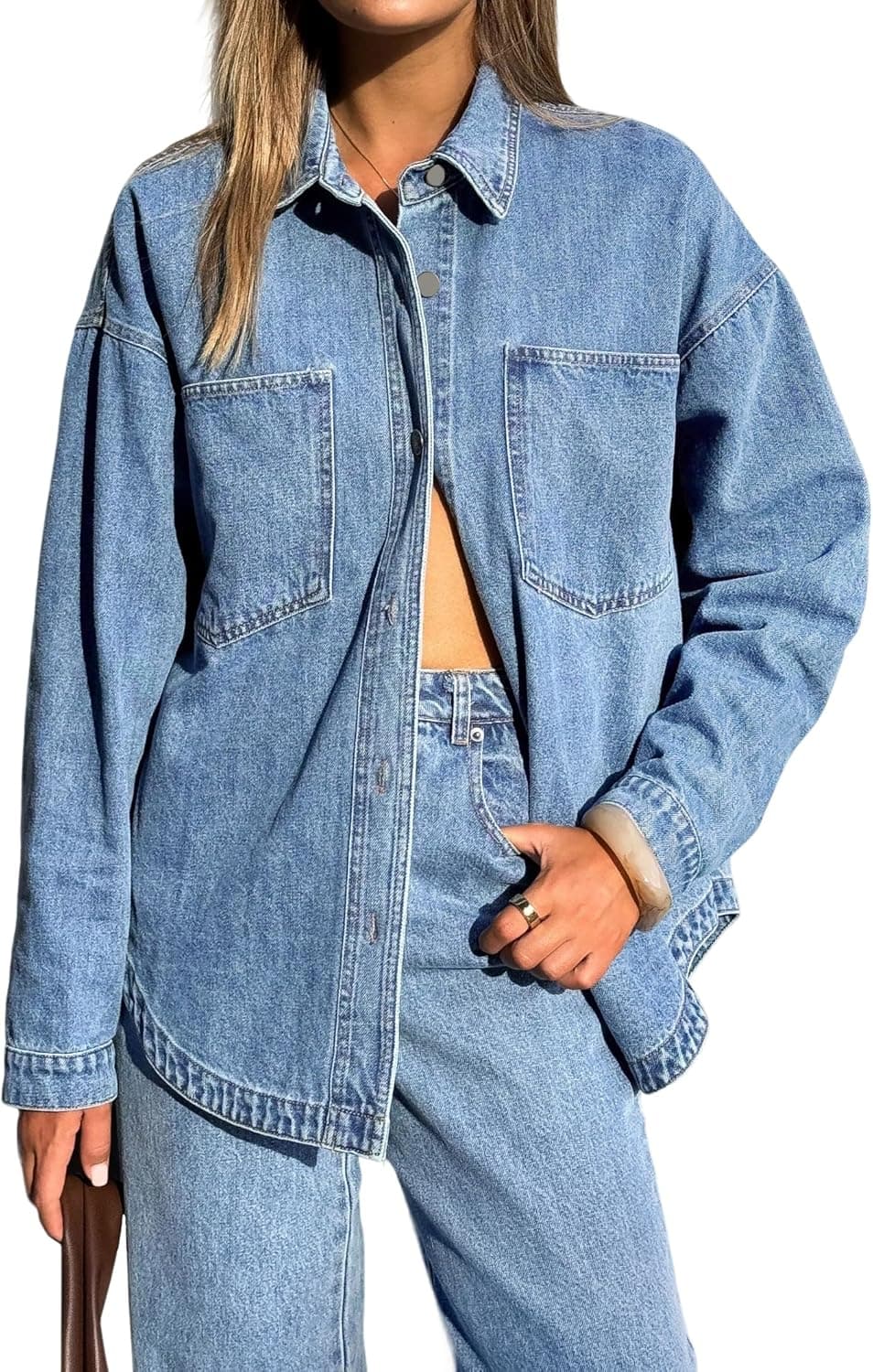 Women Denim Shirts Oversized Long Sleeve Button Down Blouse Distresse Jean Jacket Fall Outfits 2026