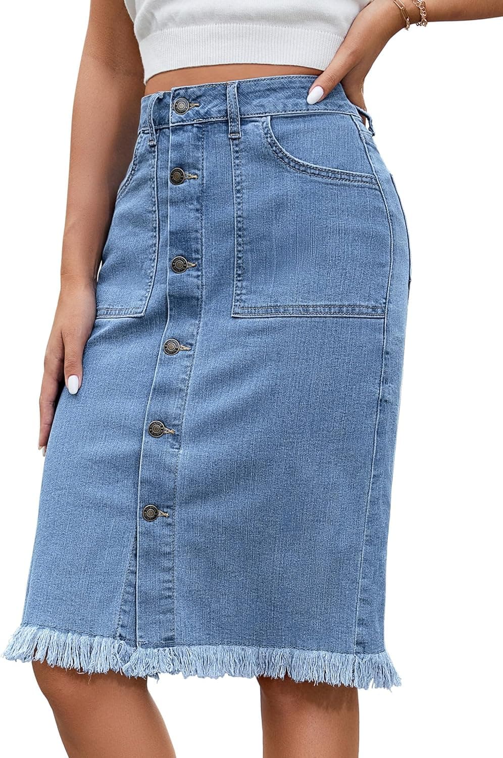 Women's Casual Mid Rise Button Down Frayed Raw Hem Denim Jean Midi Skirt