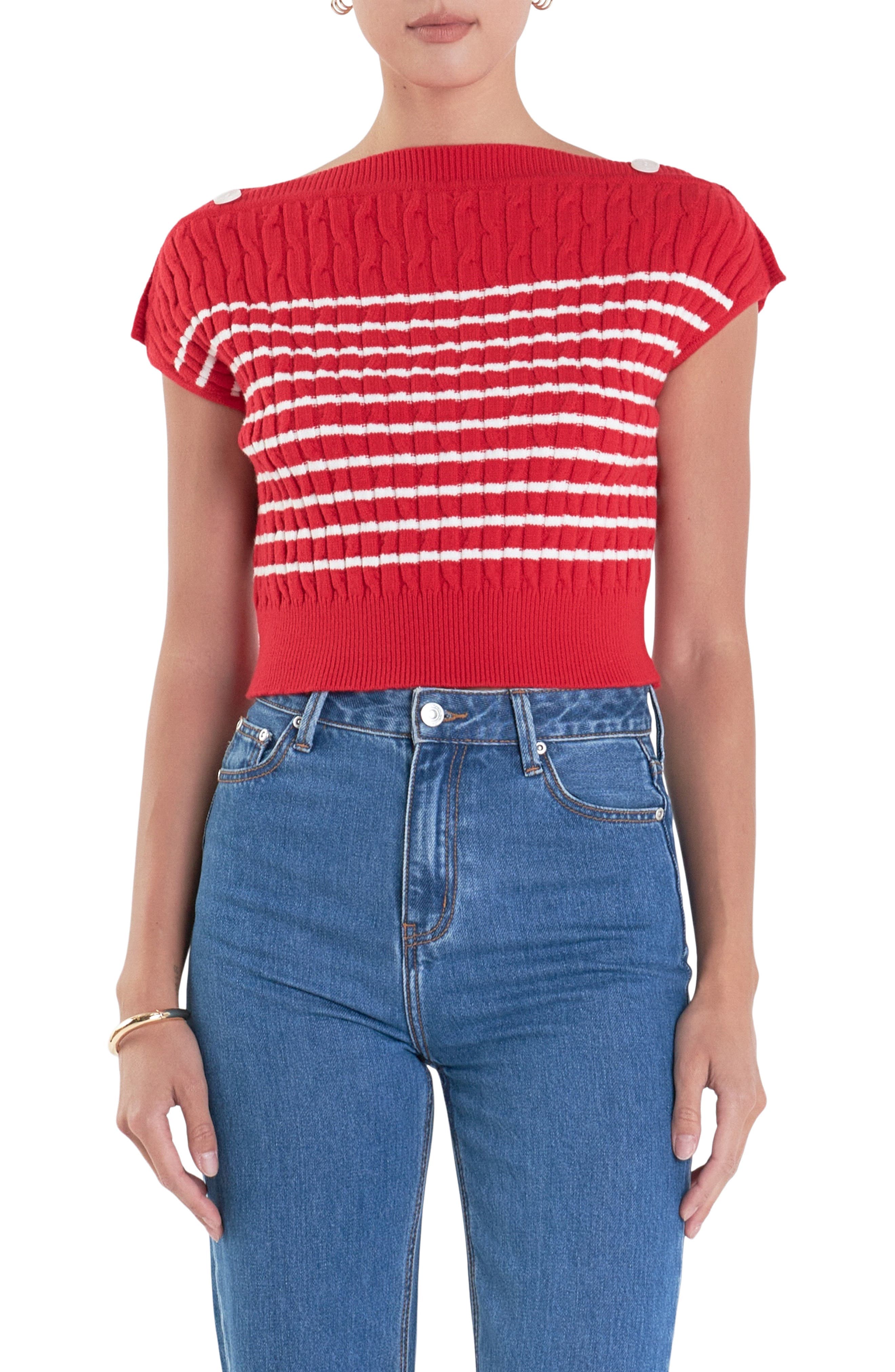 Button Shoulder Stripe Cable Stitch Sweater