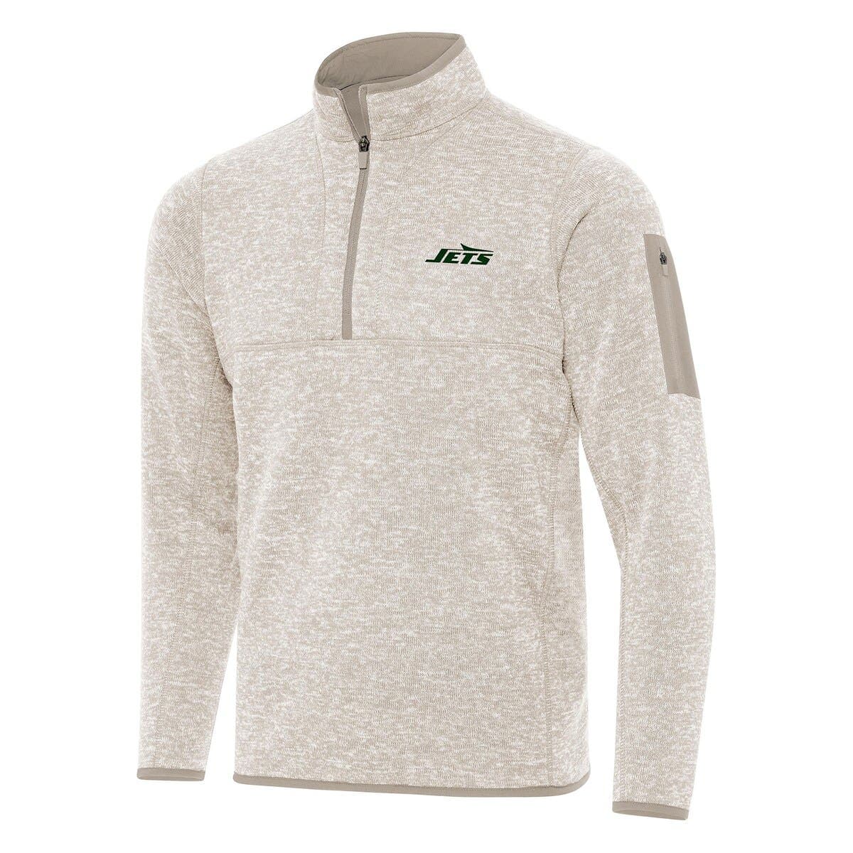 Men's Antigua Oatmeal New York Jets Fortune Quarter-Zip Pullover Jacket