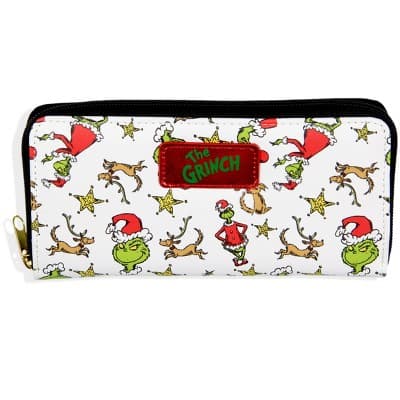 How The Grinch Stole Christmas Grinch And Max faux Saffianno Leather Zip Closure Wallet White