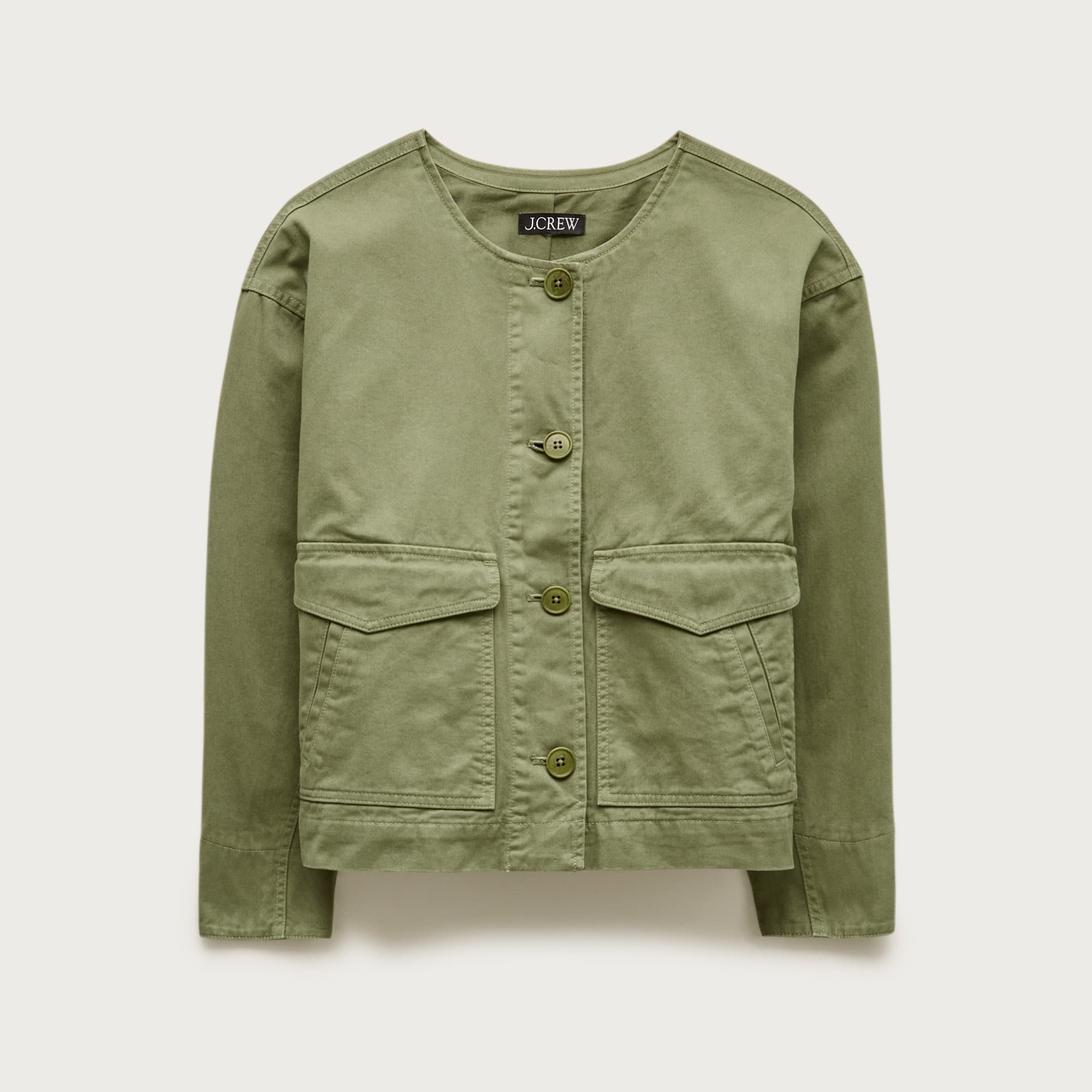 Collarless utility jacket in brushed cotton twill