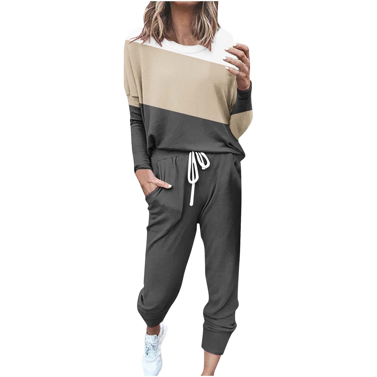 Women's Two Piece Outfits Activewear Color Blocked Tracksuits Tops Drawstring Joggers Pants Round Neck Lounge Sets Pajamas Fall Casual Sweatsuits Yellow M