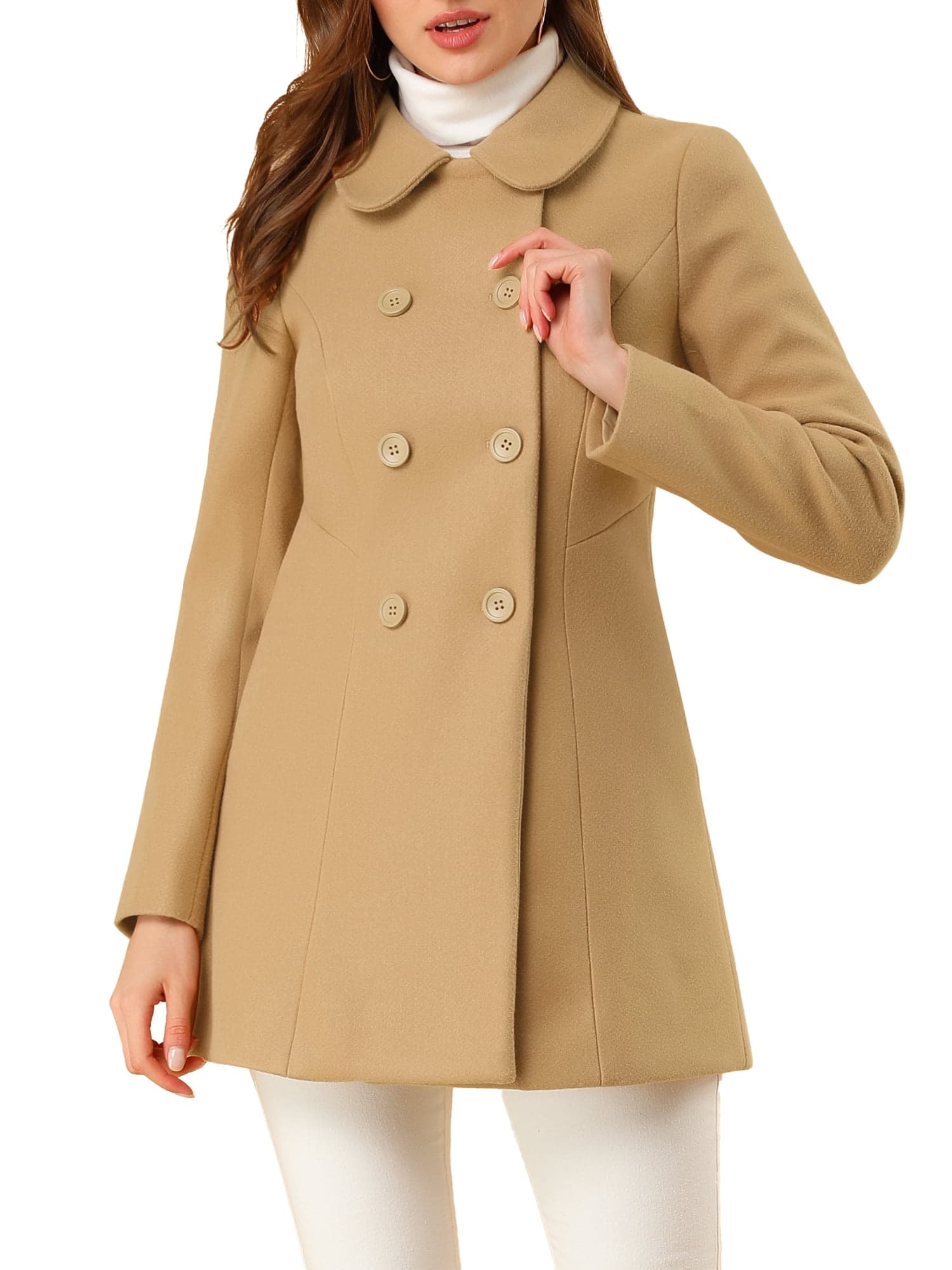 Women's Peter Pan Collar Double Breasted Winter Long Trench Pea Coat XS Khaki