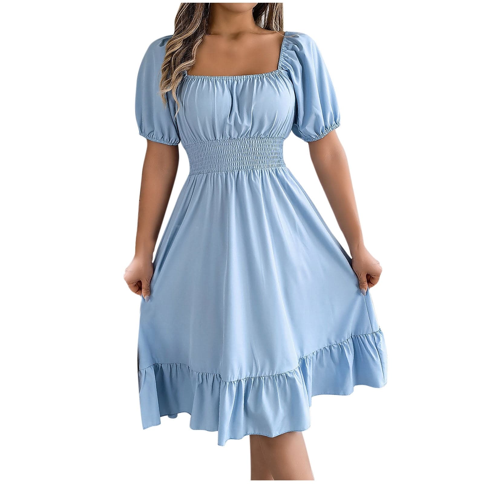 Formal Dresses for Women, Summer Solid Color Casual Short Sleeved Waist Pleated Smocked Dress Light Blue XL