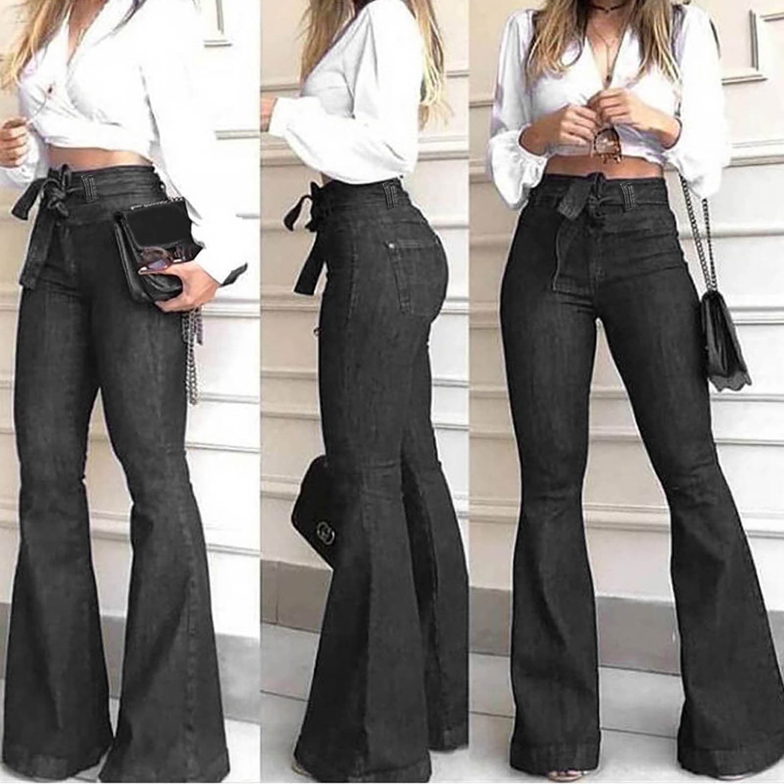 Women Flare Jeans,Plus Fashion Ladys High Waisted Lacing Stretch Wide Leg Bell-Bottomed Pants