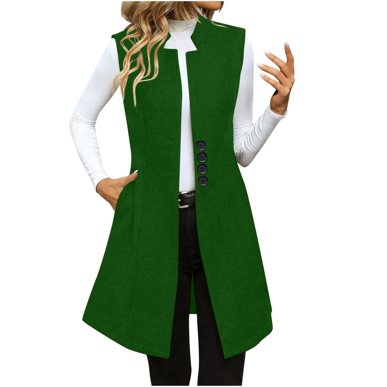 Blazer for Women Notched Lapel Pockets Woolen Suit Jacket Trench Vest Loose Open Front Long Business Office Jacket Casual Sleeveless Work Spring Fall Green XXL