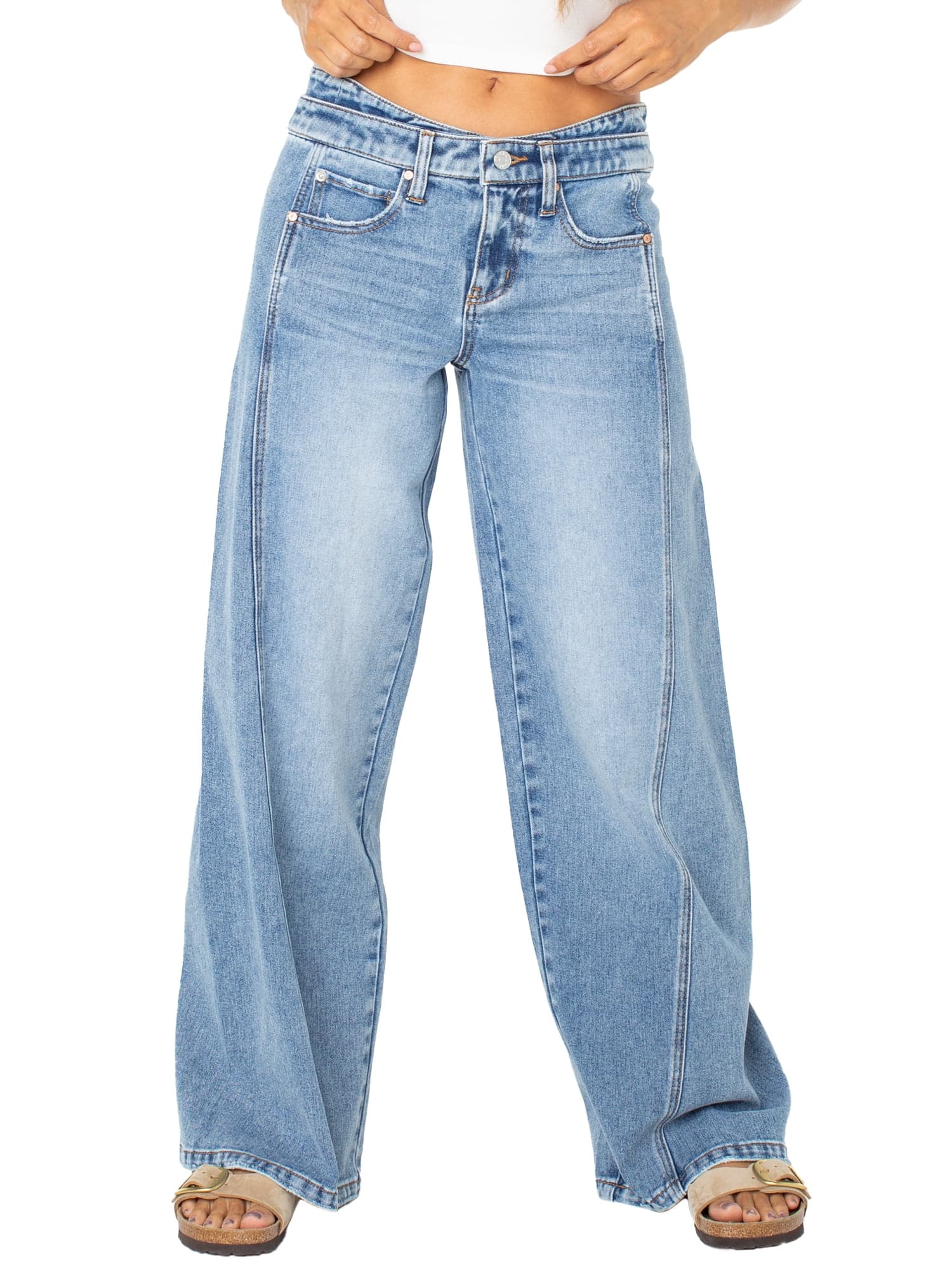 Women's Low Rise Double Waistband Wide Leg Jeans, Sizes 1-21