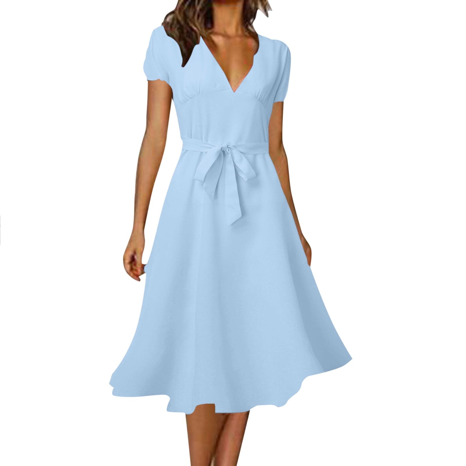 Summer Dresses for Women, 2024 Women Casual Elegant Solid Color V Neck Short Sleeve Floral Dress Midi Dresses for Women, Sundresses for Women 2024 Light Blue XXL