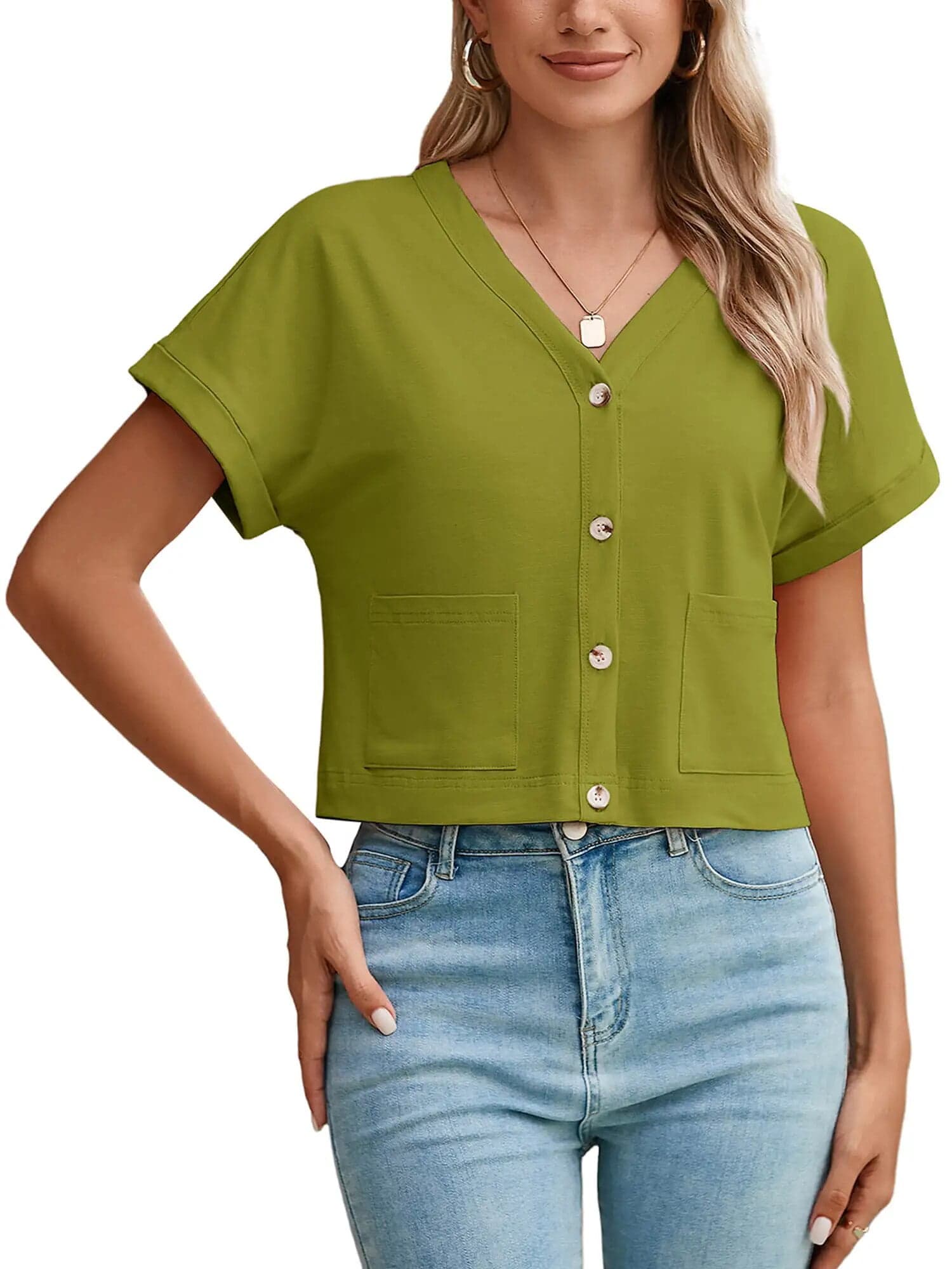 Womens Summer Blouses Tops Olive Lightweight Short Sleeve V Neck Cardigan Button-Up Shirts with Pockets, Size Small