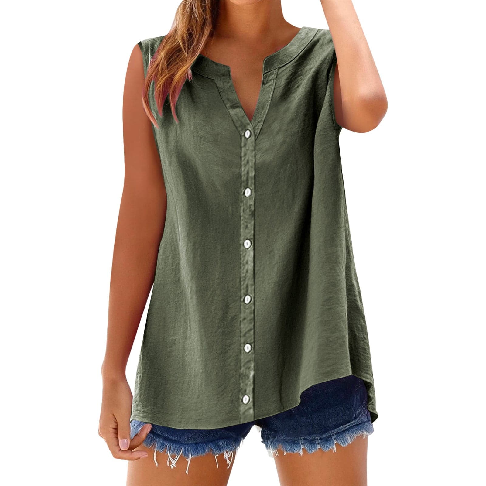 Linen Button Down Shirt Women, Gauze Tops for Women, Sleeveless Tops for Women, Sleeveless Collared Tops Oversized Up Blouses Work Shirts, Summer Shirts for Women, Green XL