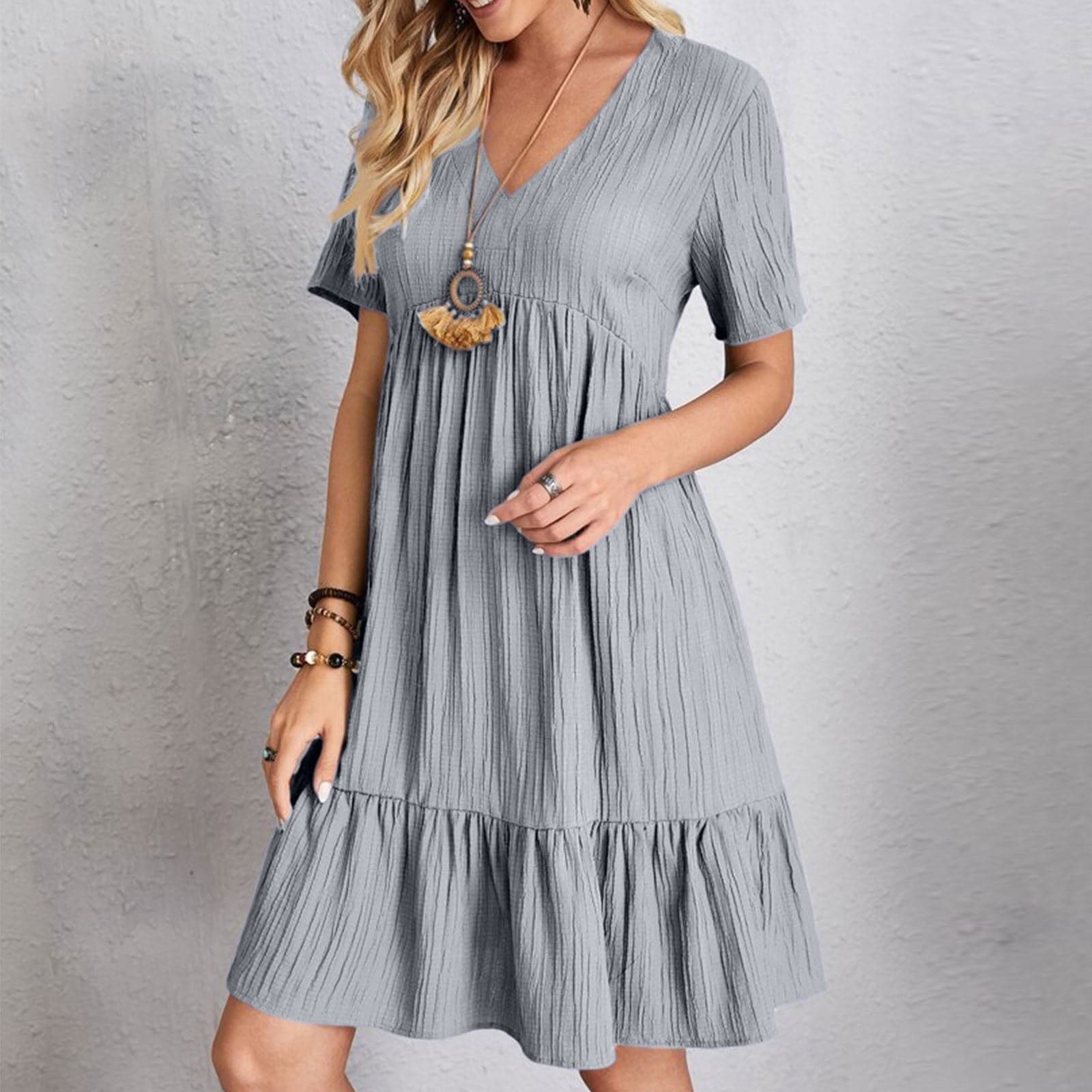 Fashion Women Summer Casual V-Neck Short Sleeve Mini Dress Beach Vacation Clothes for Women Gray XXXL