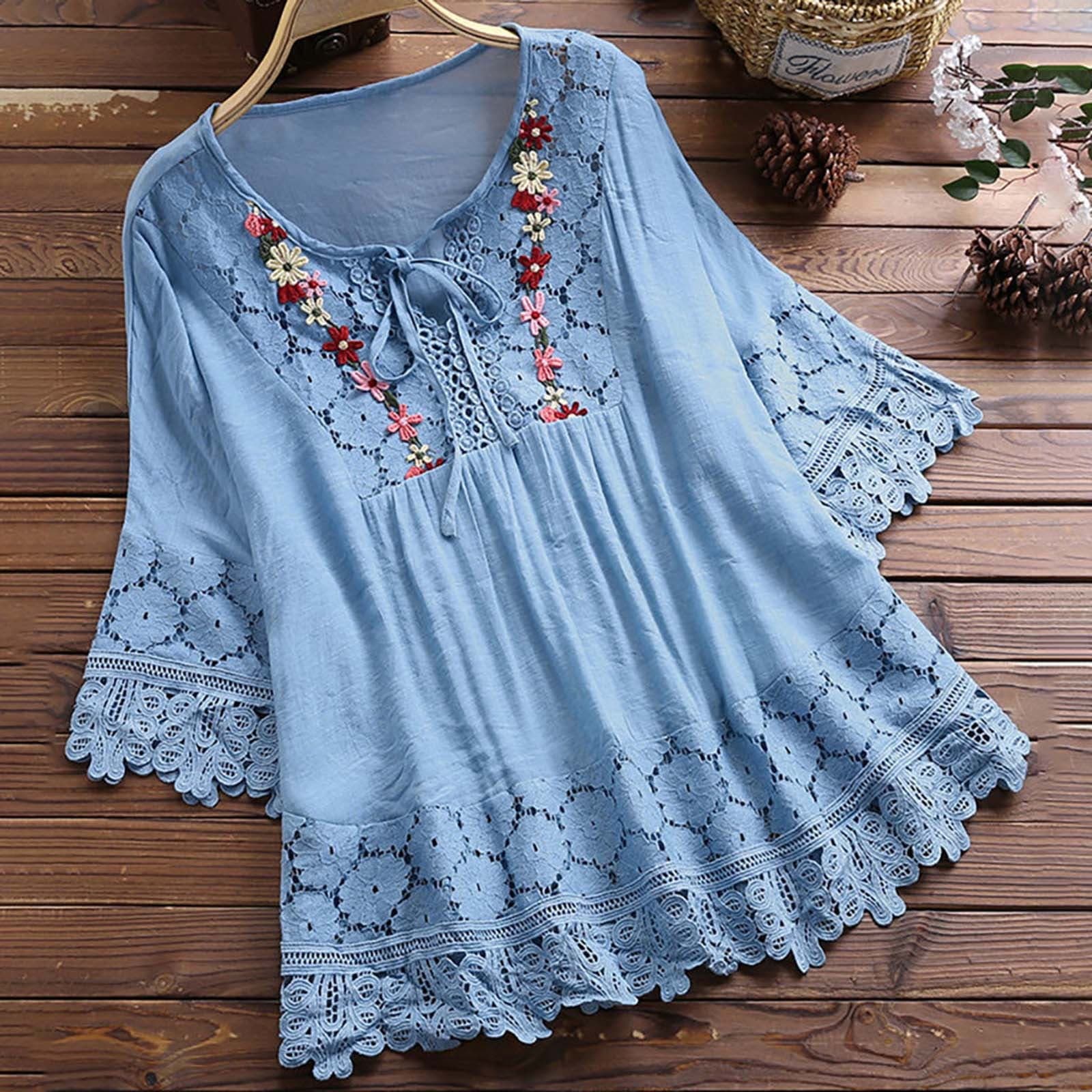 Danhjin Womens Cotton Tops 3/4 Bell Sleeve Blouse Crewneck Lace Tops Floral Plus Size Casual Shirts Tunic Blouses Tops - Fall
